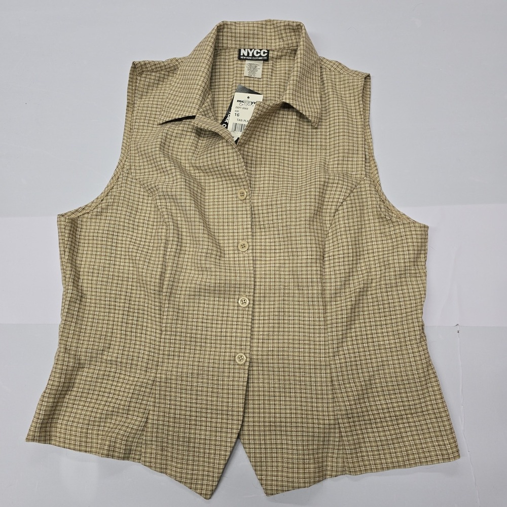 NYCC Vintage Tan Plaid Button Up Sleeveless Vest Top Size 16 NWT